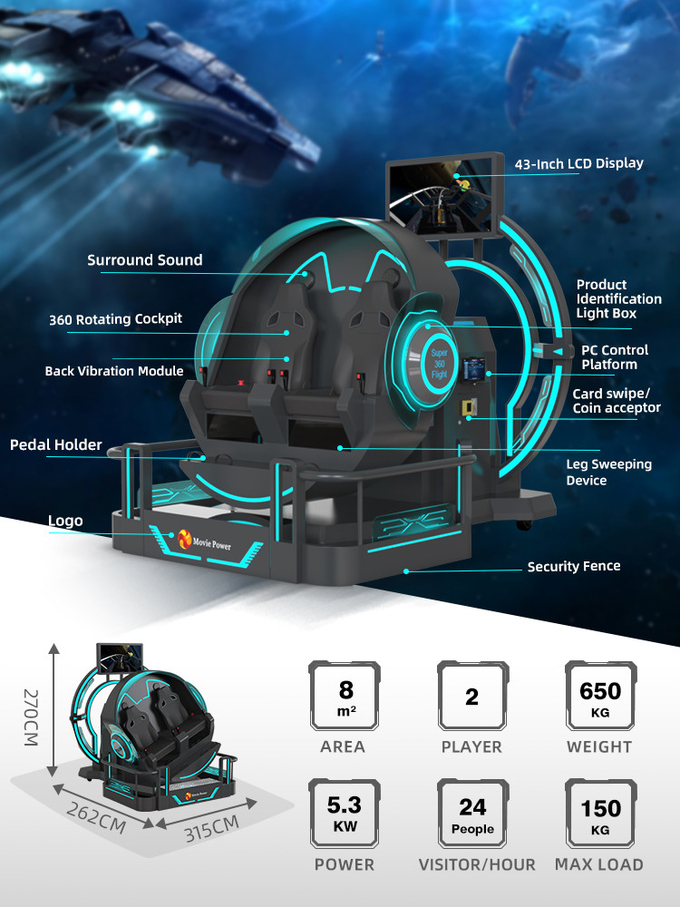 VR 360 دو صندلی 9d رولر کوستر ماشین های VR 360 چرخش VR سینما 360 درجه شبیه ساز صندلی های پرنده 1